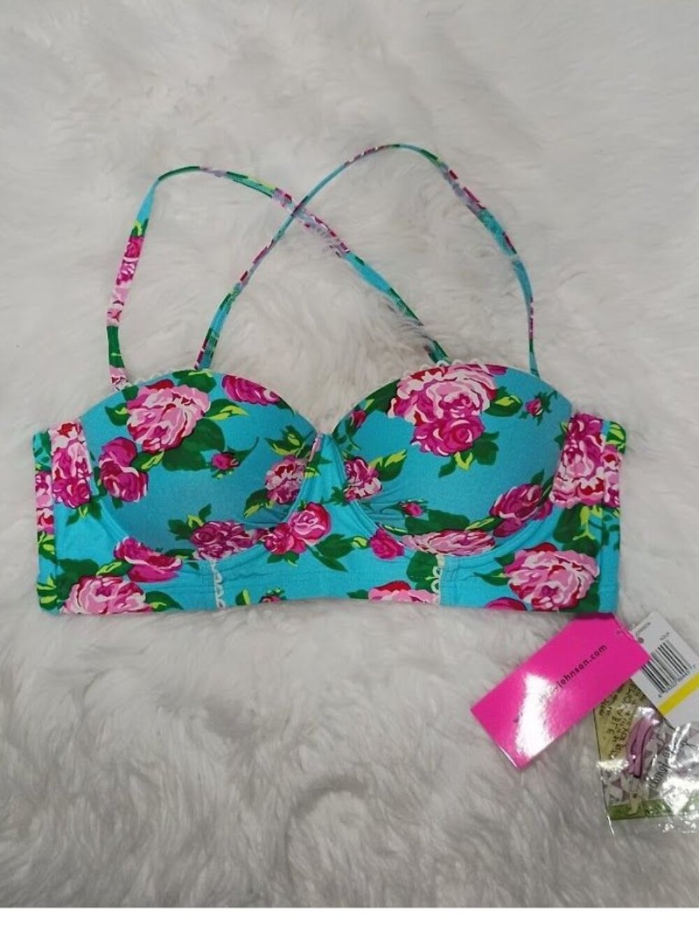Betsey Johnson Floral Aqua Pink Rose Bikini Top Medium New